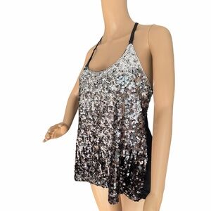 MANER XL Sequin Tank Top Black Silver Racerback Party Evening Blouse